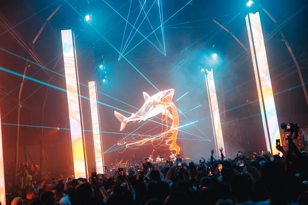 Audience at a live visual show with phones in the air